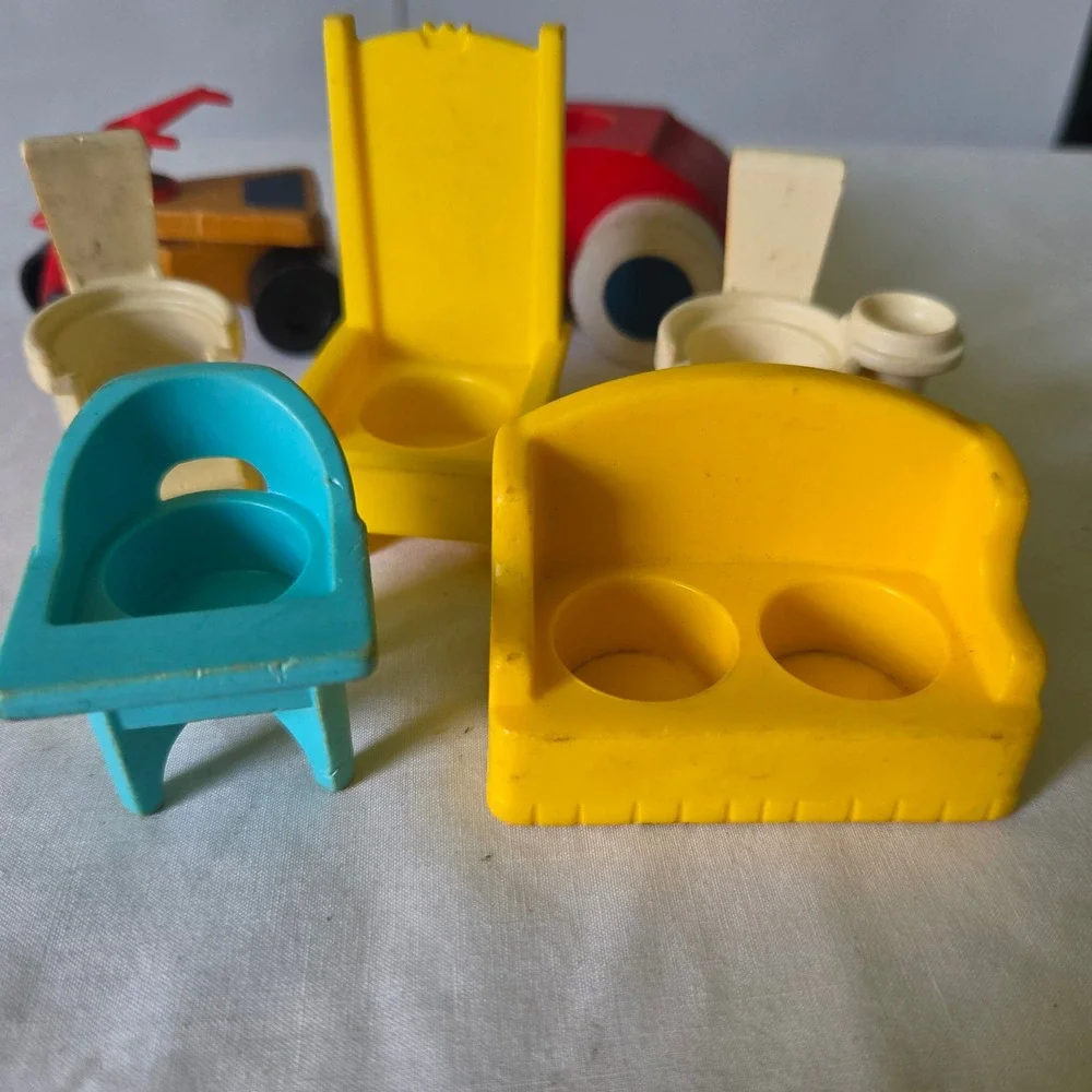 Vintage Fisher Price Little People Furniture Lot Wooden Car Tricycle High Chairs